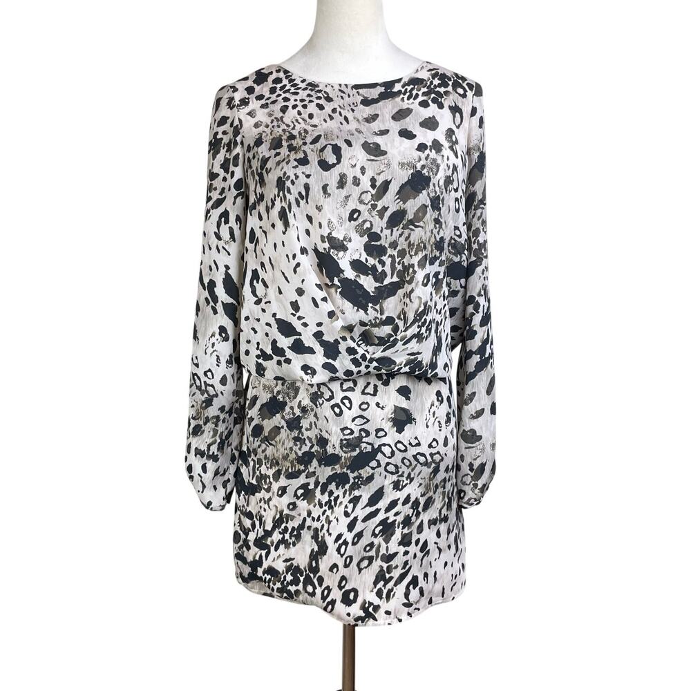 Vince Camuto Leopard Print Blouson Mini Long Sleeve Boat Neckline Lined Dress